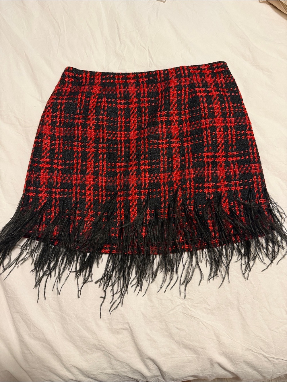 Red & Black Plaid Fringe Mini Skirt - Women's